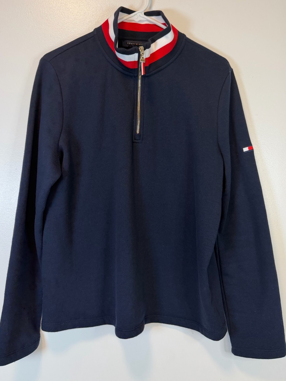 Tommy Hilfiger Navy Quarter-Zip Sweater with Red & White Collar Women’s Large